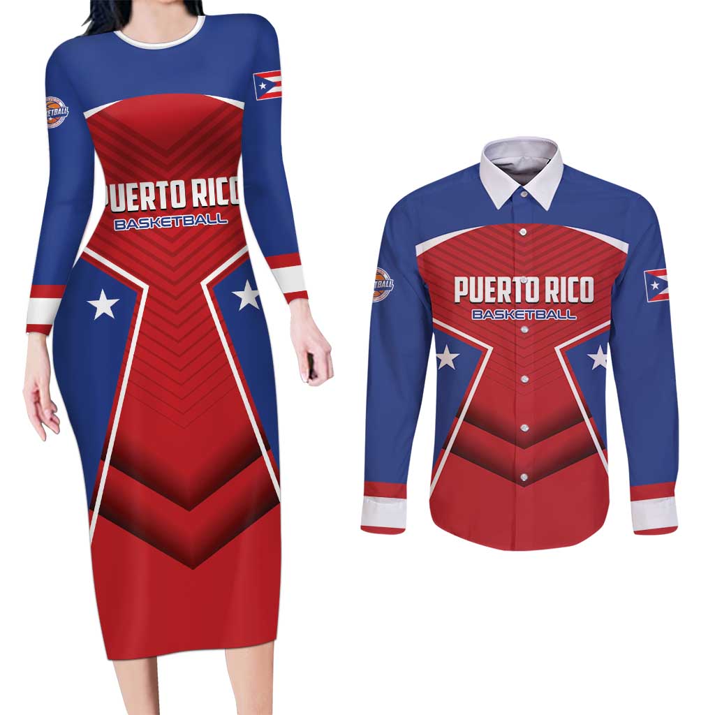 Personalized Puerto Rico Basketball Couples Matching Long Sleeve Bodycon Dress and Long Sleeve Button Shirt Magnificos Go Champion