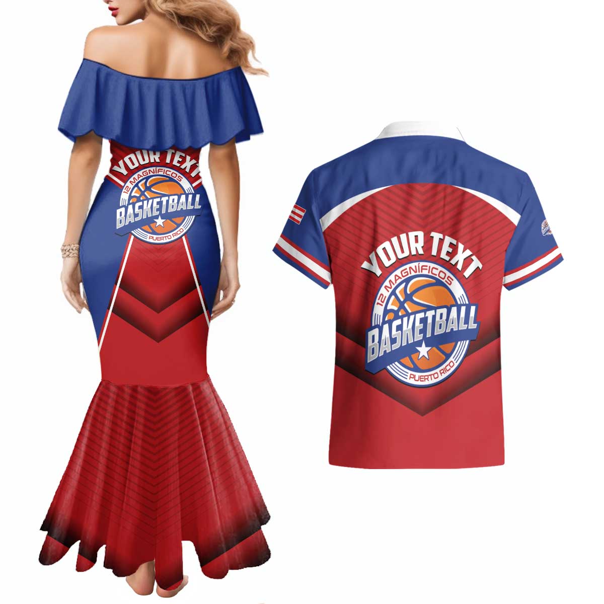 Personalized Puerto Rico Basketball Couples Matching Mermaid Dress and Hawaiian Shirt Magnificos Go Champion
