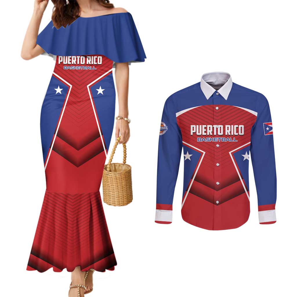 Personalized Puerto Rico Basketball Couples Matching Mermaid Dress and Long Sleeve Button Shirt Magnificos Go Champion