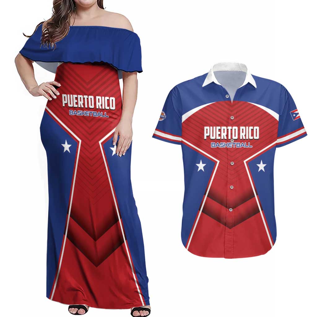 Personalized Puerto Rico Basketball Couples Matching Off Shoulder Maxi Dress and Hawaiian Shirt Magnificos Go Champion