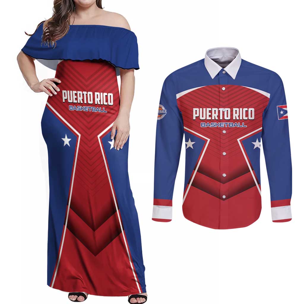 Personalized Puerto Rico Basketball Couples Matching Off Shoulder Maxi Dress and Long Sleeve Button Shirt Magnificos Go Champion
