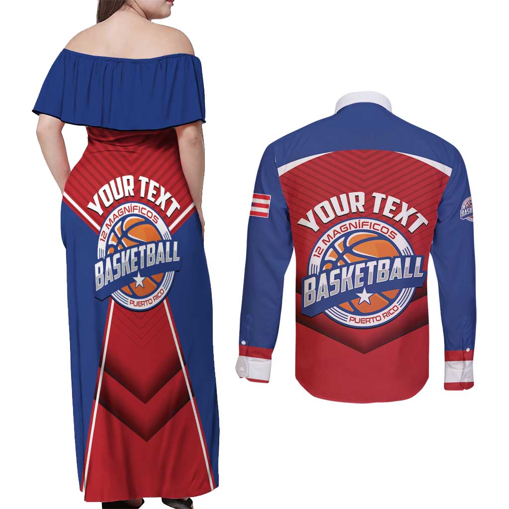 Personalized Puerto Rico Basketball Couples Matching Off Shoulder Maxi Dress and Long Sleeve Button Shirt Magnificos Go Champion