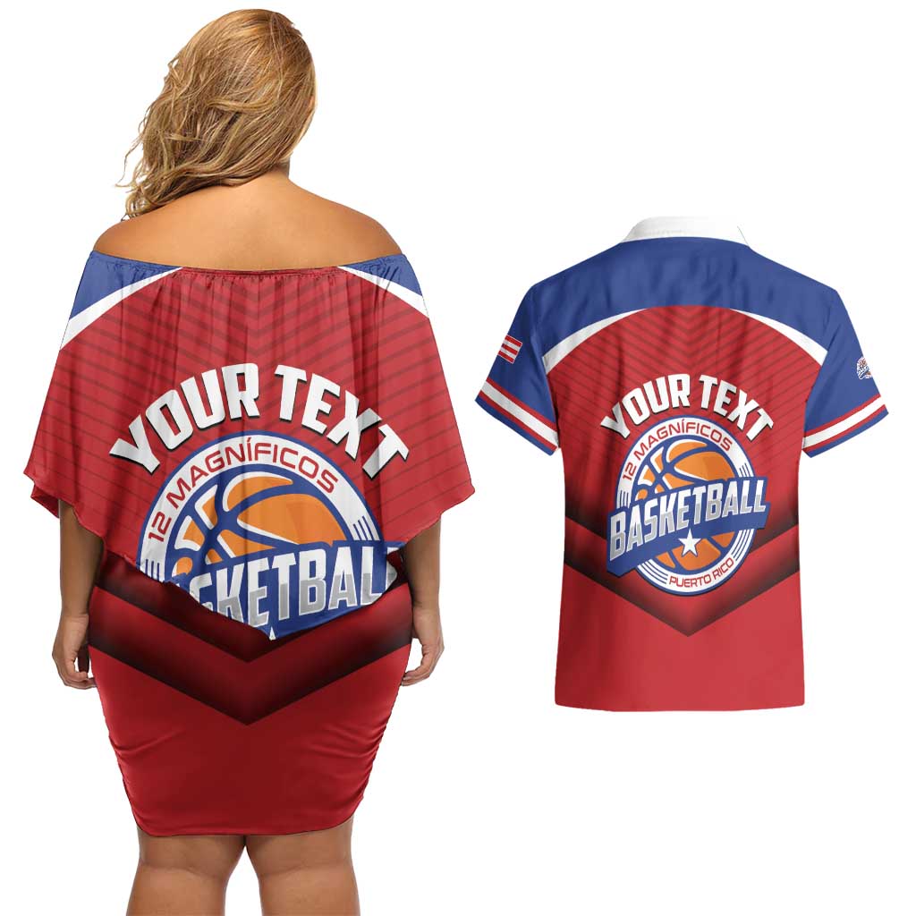Personalized Puerto Rico Basketball Couples Matching Off Shoulder Short Dress and Hawaiian Shirt Magnificos Go Champion
