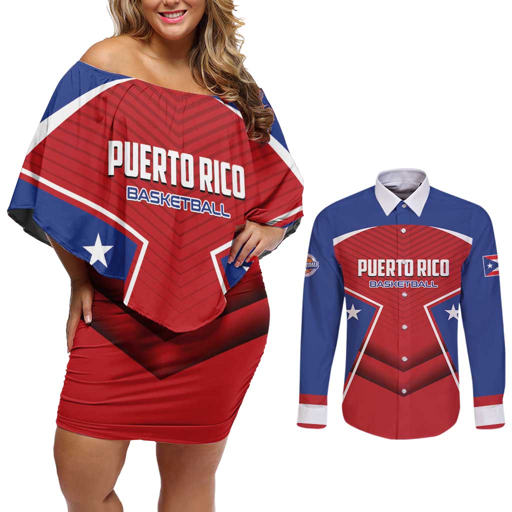 Personalized Puerto Rico Basketball Couples Matching Off Shoulder Short Dress and Long Sleeve Button Shirt Magnificos Go Champion