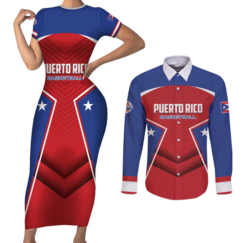 Personalized Puerto Rico Basketball Couples Matching Short Sleeve Bodycon Dress and Long Sleeve Button Shirt Magnificos Go Champion