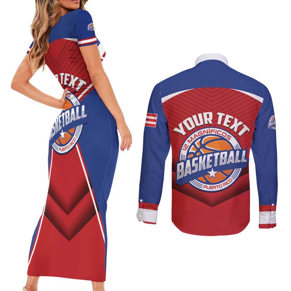 Personalized Puerto Rico Basketball Couples Matching Short Sleeve Bodycon Dress and Long Sleeve Button Shirt Magnificos Go Champion