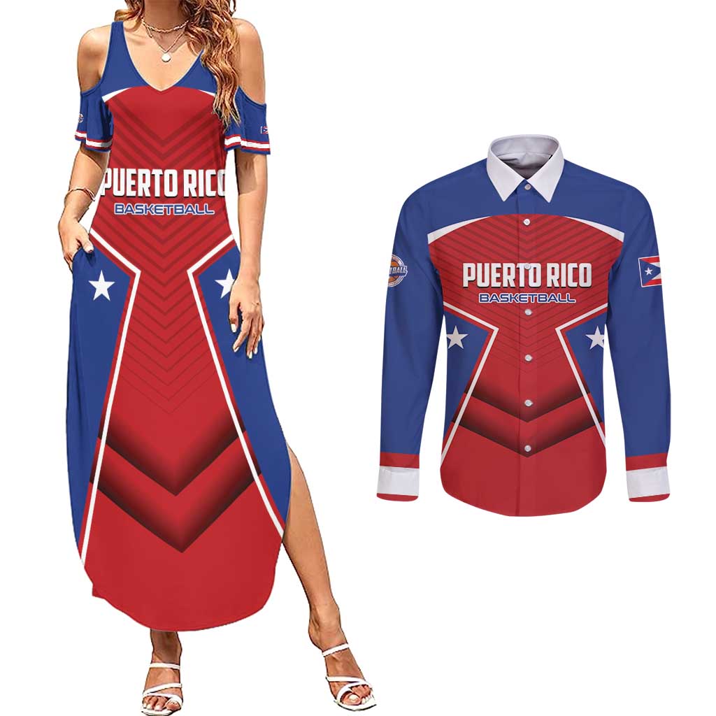 Personalized Puerto Rico Basketball Couples Matching Summer Maxi Dress and Long Sleeve Button Shirt Magnificos Go Champion