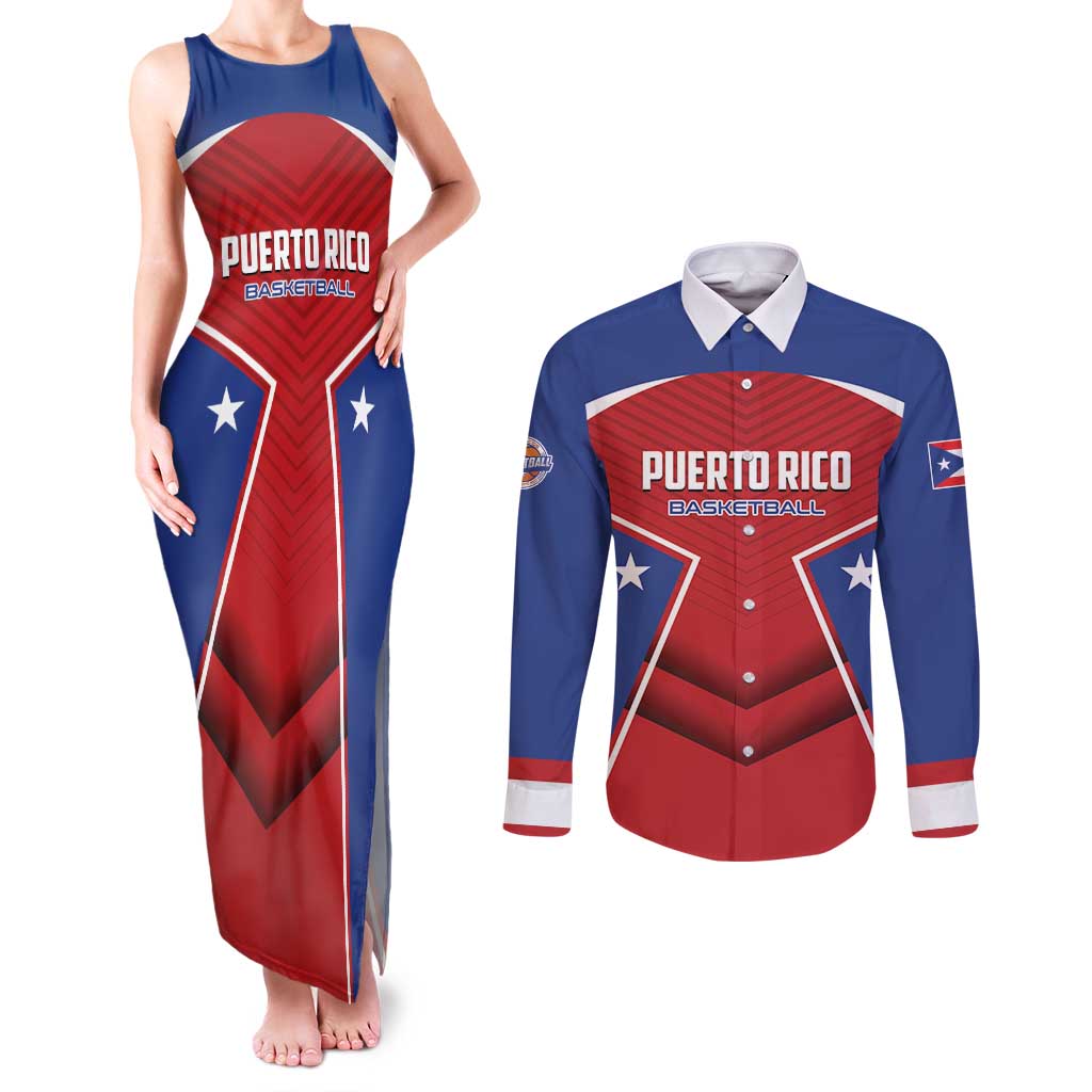 Personalized Puerto Rico Basketball Couples Matching Tank Maxi Dress and Long Sleeve Button Shirt Magnificos Go Champion