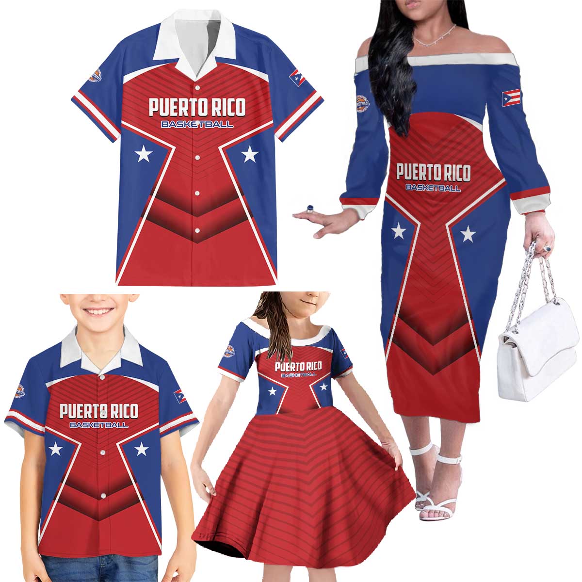 Personalized Puerto Rico Basketball Family Matching Off The Shoulder Long Sleeve Dress and Hawaiian Shirt Magnificos Go Champion