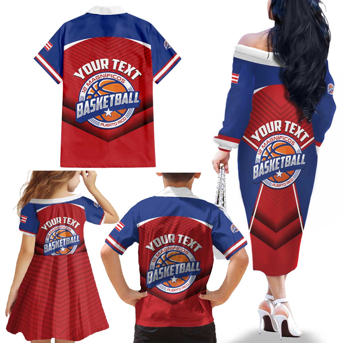 Personalized Puerto Rico Basketball Family Matching Off The Shoulder Long Sleeve Dress and Hawaiian Shirt Magnificos Go Champion