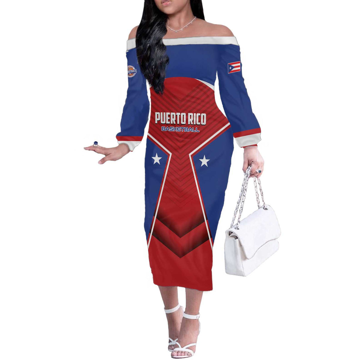 Personalized Puerto Rico Basketball Off The Shoulder Long Sleeve Dress Magnificos Go Champion
