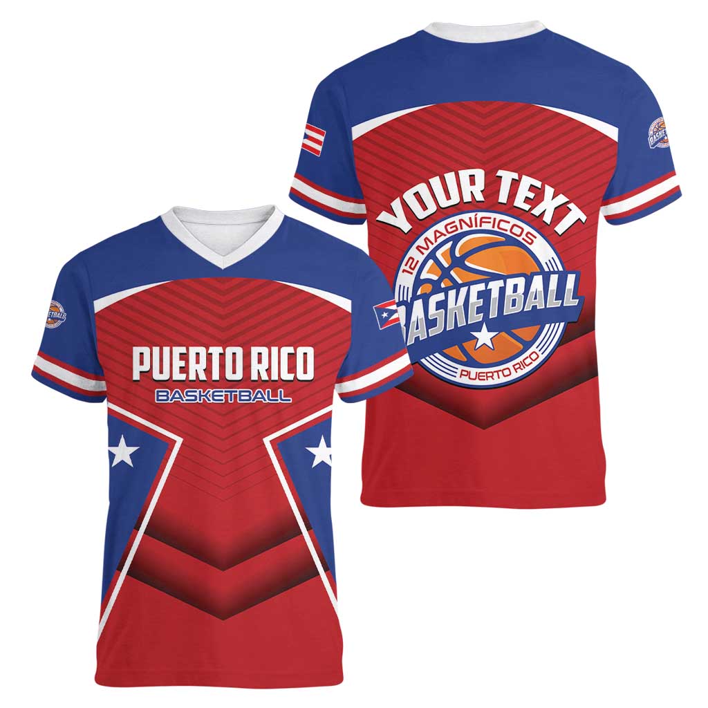 Personalized Puerto Rico Basketball Women V-Neck T-Shirt Magnificos Go Champion
