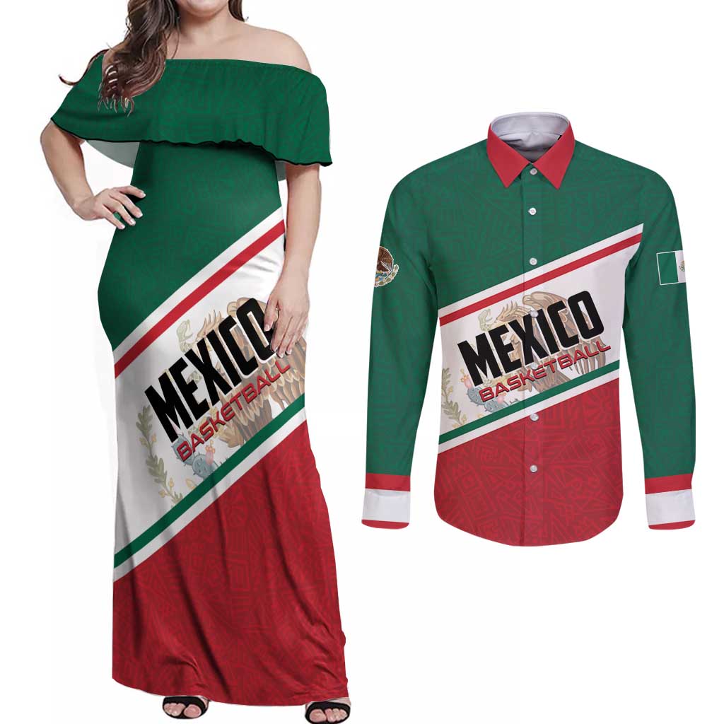 Personalized Mexico Basketball Couples Matching Off Shoulder Maxi Dress and Long Sleeve Button Shirt Guerreros Go Champion