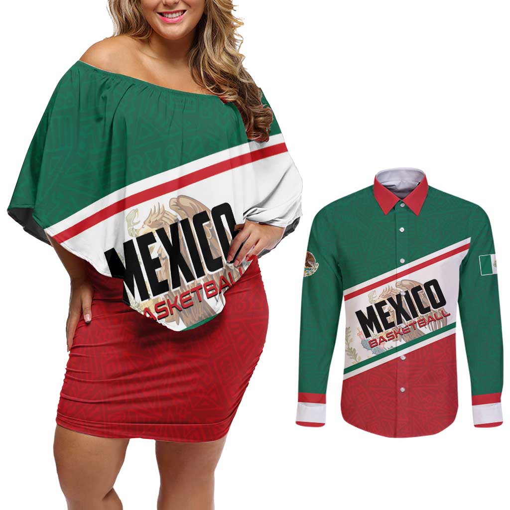 Personalized Mexico Basketball Couples Matching Off Shoulder Short Dress and Long Sleeve Button Shirt Guerreros Go Champion