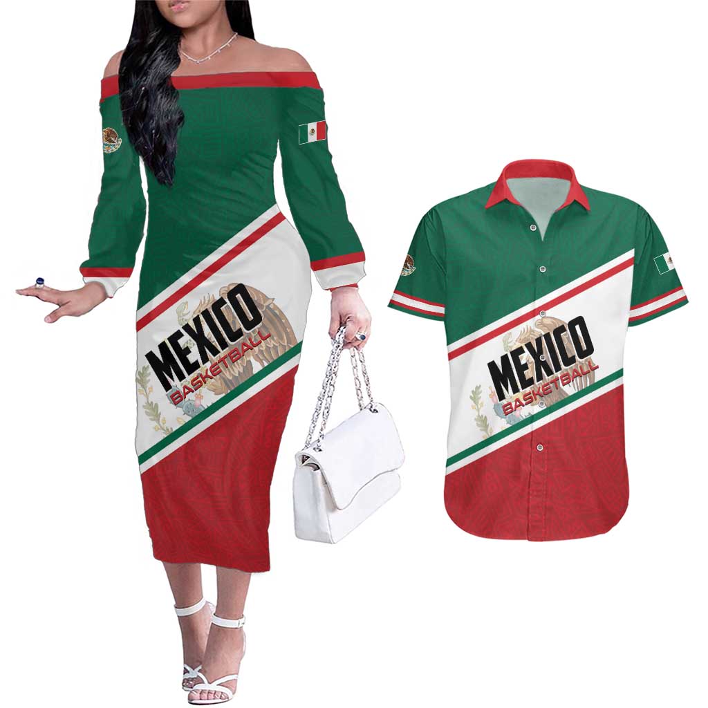 Personalized Mexico Basketball Couples Matching Off The Shoulder Long Sleeve Dress and Hawaiian Shirt Guerreros Go Champion