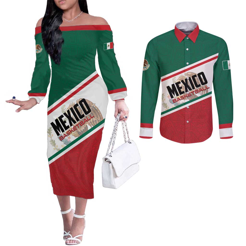 Personalized Mexico Basketball Couples Matching Off The Shoulder Long Sleeve Dress and Long Sleeve Button Shirt Guerreros Go Champion