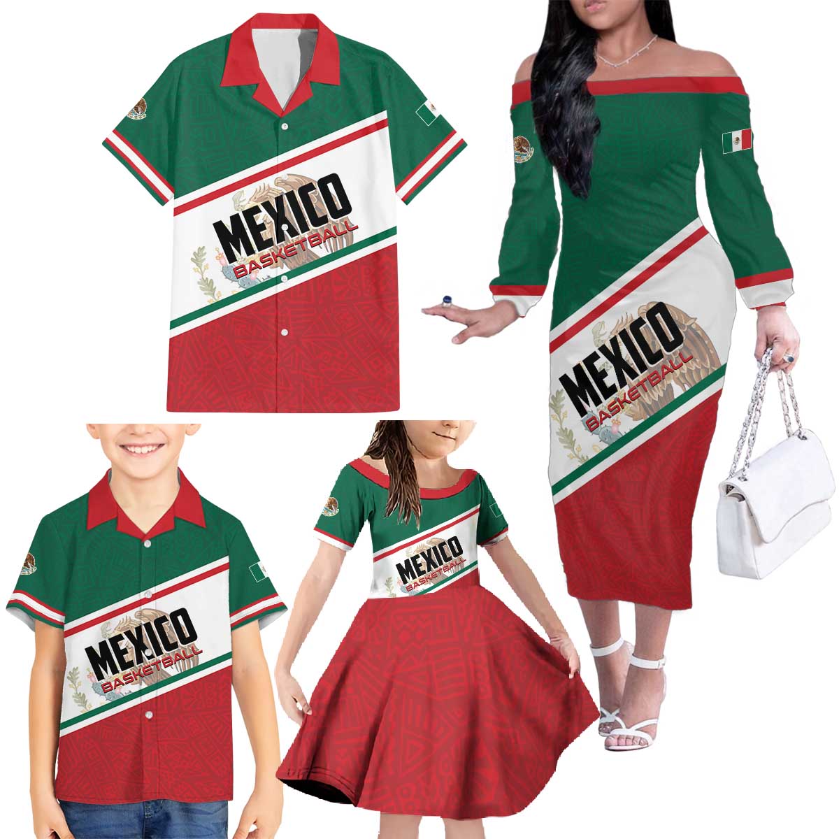 Personalized Mexico Basketball Family Matching Off The Shoulder Long Sleeve Dress and Hawaiian Shirt Guerreros Go Champion