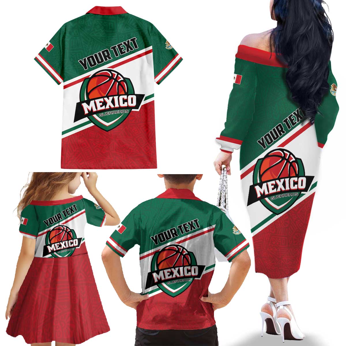 Personalized Mexico Basketball Family Matching Off The Shoulder Long Sleeve Dress and Hawaiian Shirt Guerreros Go Champion