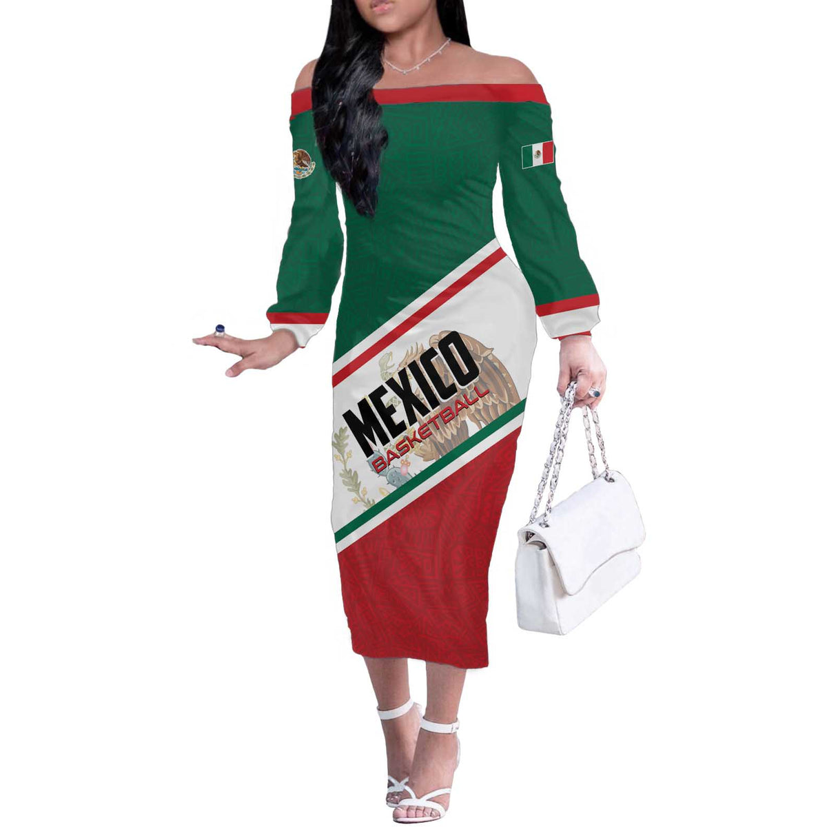 Personalized Mexico Basketball Off The Shoulder Long Sleeve Dress Guerreros Go Champion