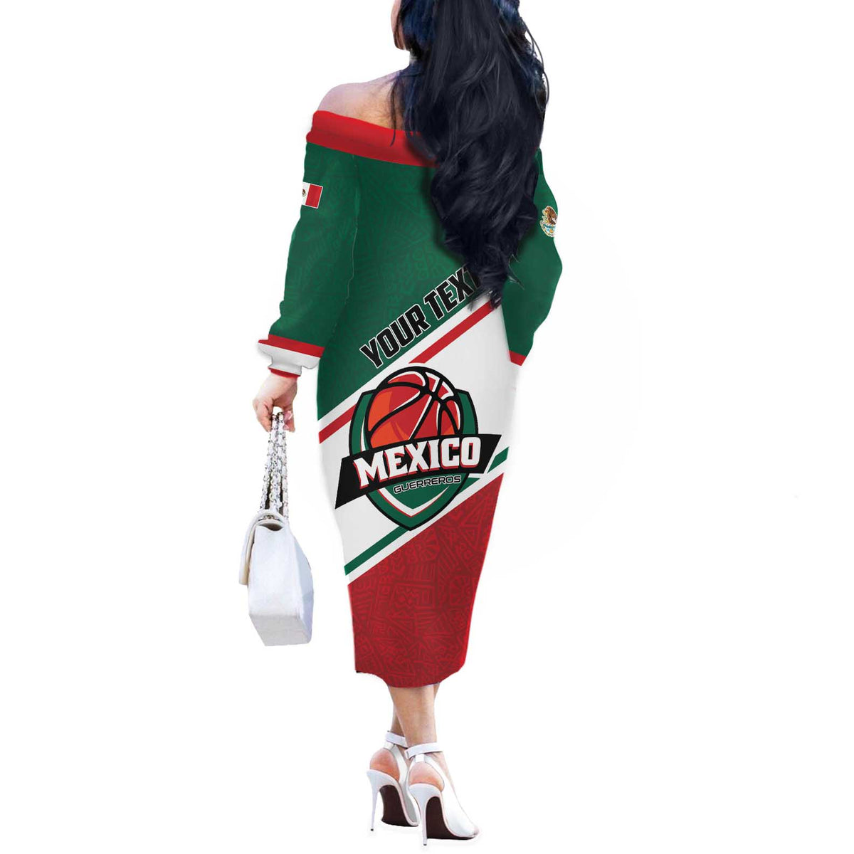 Personalized Mexico Basketball Off The Shoulder Long Sleeve Dress Guerreros Go Champion