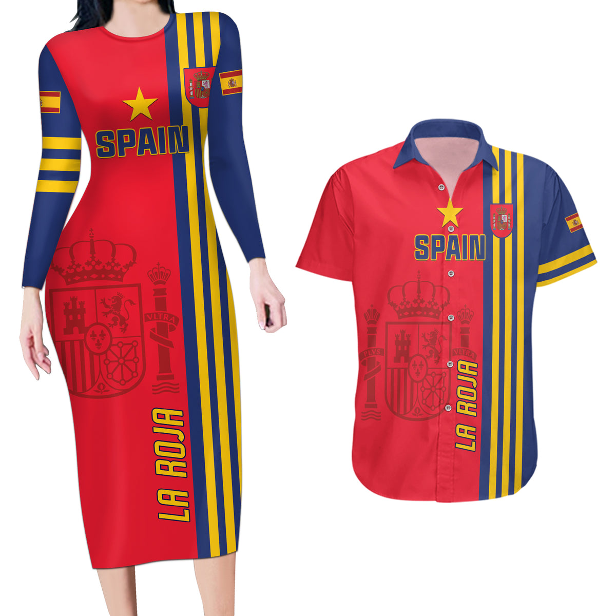 Custom Spain 2024 Football Couples Matching Long Sleeve Bodycon Dress and Hawaiian Shirt La Roja Go Champions - Wonder Print Shop