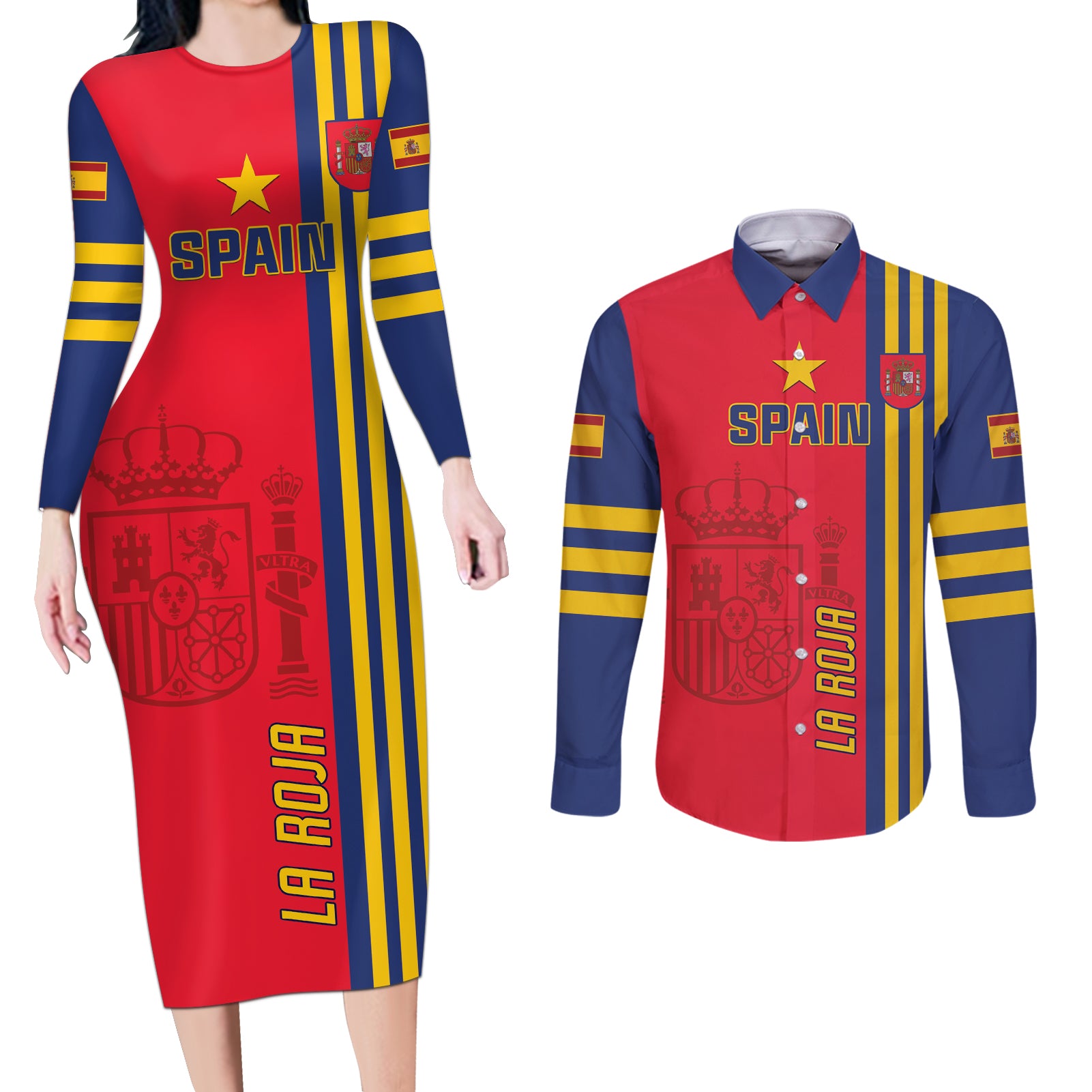 Custom Spain 2024 Football Couples Matching Long Sleeve Bodycon Dress and Long Sleeve Button Shirt La Roja Go Champions - Wonder Print Shop