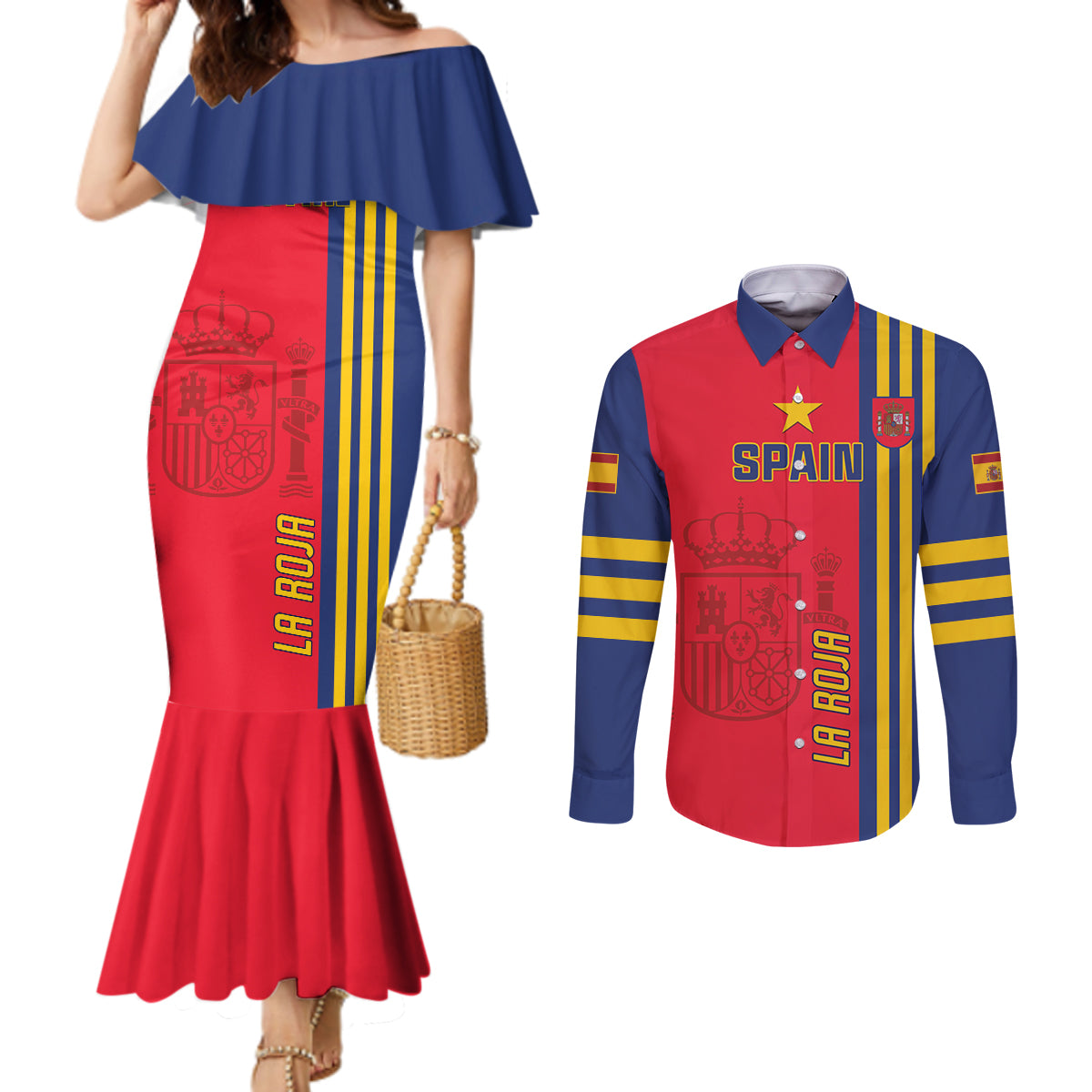 Custom Spain 2024 Football Couples Matching Mermaid Dress and Long Sleeve Button Shirt La Roja Go Champions