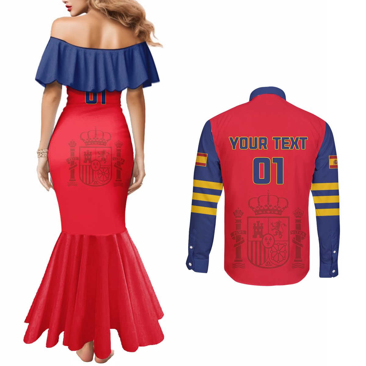 Custom Spain 2024 Football Couples Matching Mermaid Dress and Long Sleeve Button Shirt La Roja Go Champions
