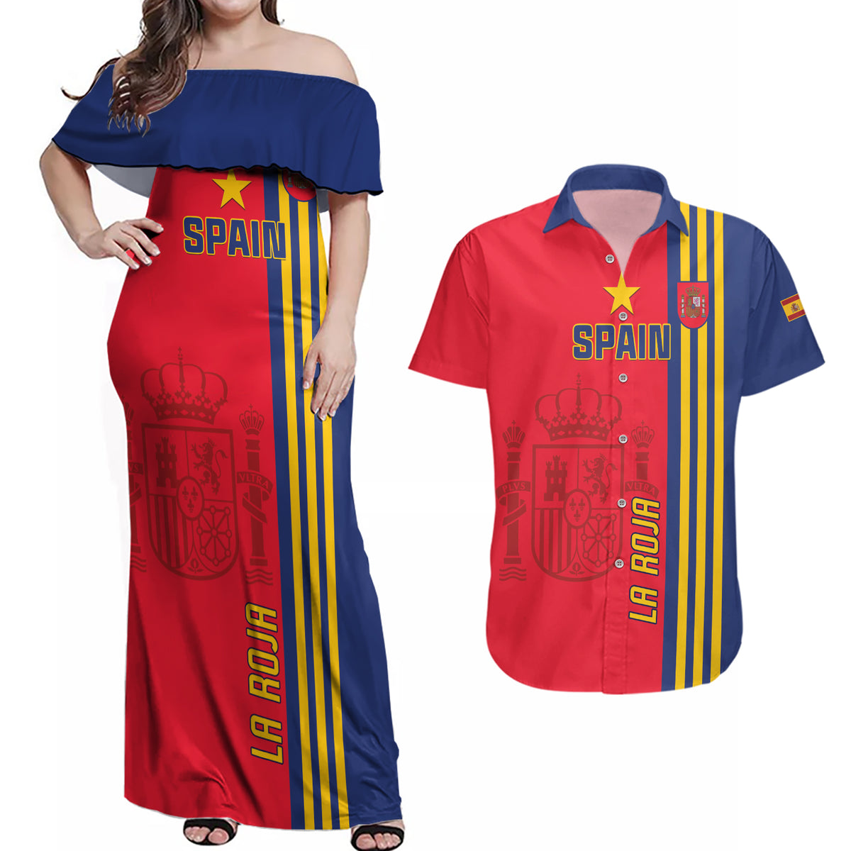 Custom Spain 2024 Football Couples Matching Off Shoulder Maxi Dress and Hawaiian Shirt La Roja Go Champions - Wonder Print Shop