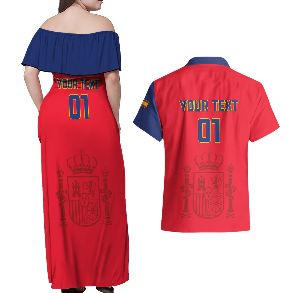 Custom Spain 2024 Football Couples Matching Off Shoulder Maxi Dress and Hawaiian Shirt La Roja Go Champions - Wonder Print Shop