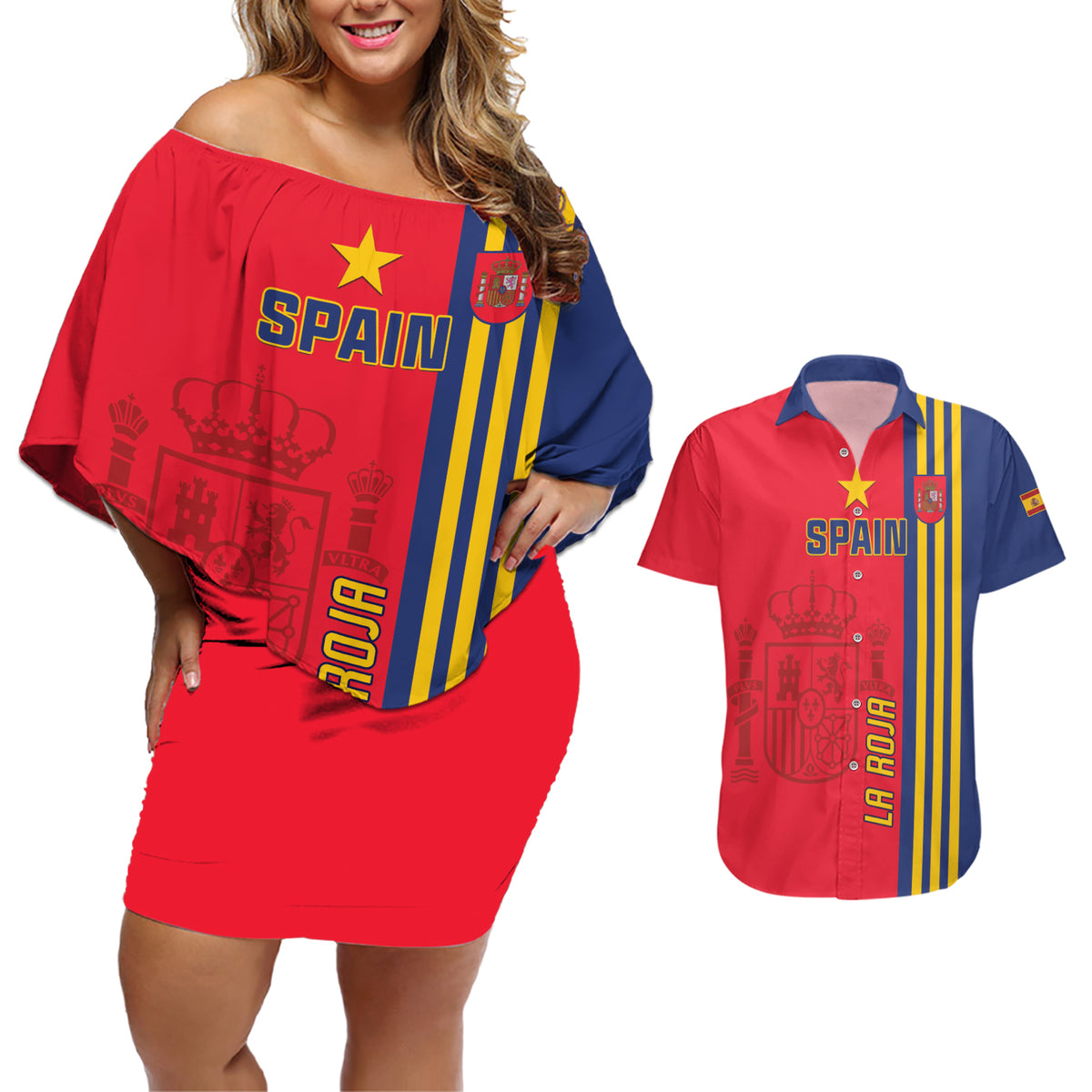 Custom Spain 2024 Football Couples Matching Off Shoulder Short Dress and Hawaiian Shirt La Roja Go Champions - Wonder Print Shop