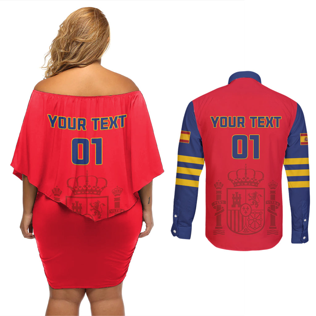 Custom Spain 2024 Football Couples Matching Off Shoulder Short Dress and Long Sleeve Button Shirt La Roja Go Champions - Wonder Print Shop