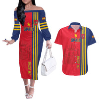 Custom Spain 2024 Football Couples Matching Off The Shoulder Long Sleeve Dress and Hawaiian Shirt La Roja Go Champions - Wonder Print Shop