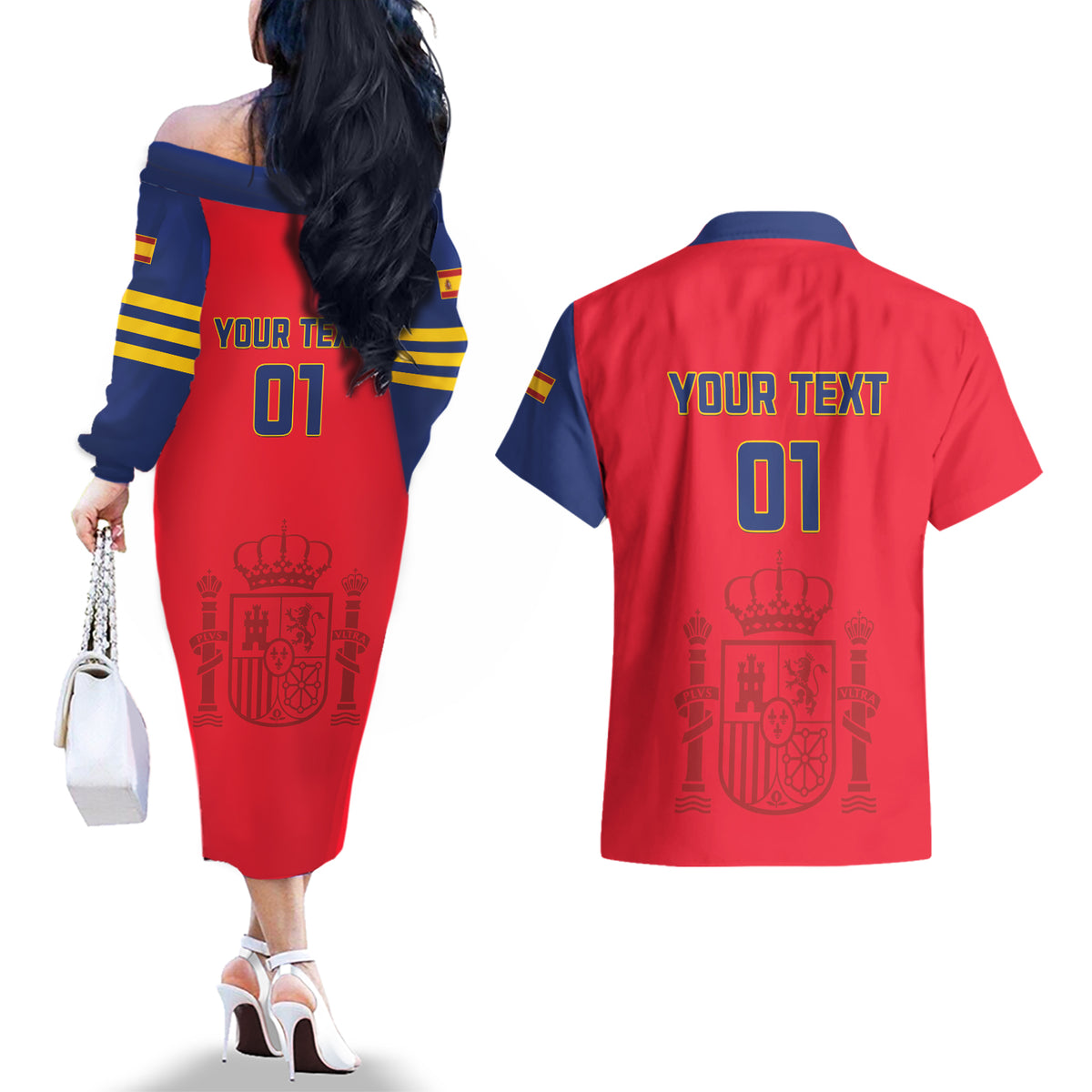 Custom Spain 2024 Football Couples Matching Off The Shoulder Long Sleeve Dress and Hawaiian Shirt La Roja Go Champions - Wonder Print Shop