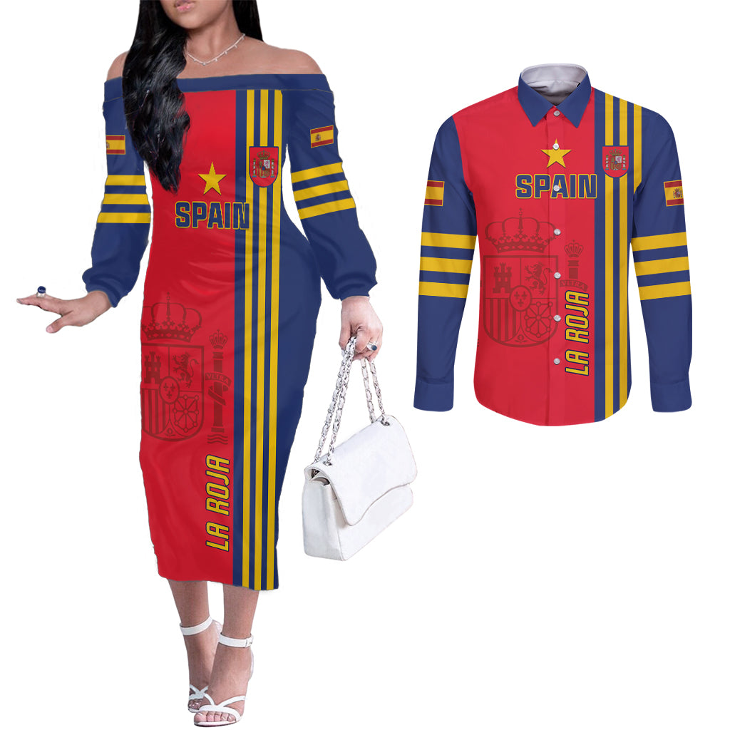 Custom Spain 2024 Football Couples Matching Off The Shoulder Long Sleeve Dress and Long Sleeve Button Shirt La Roja Go Champions