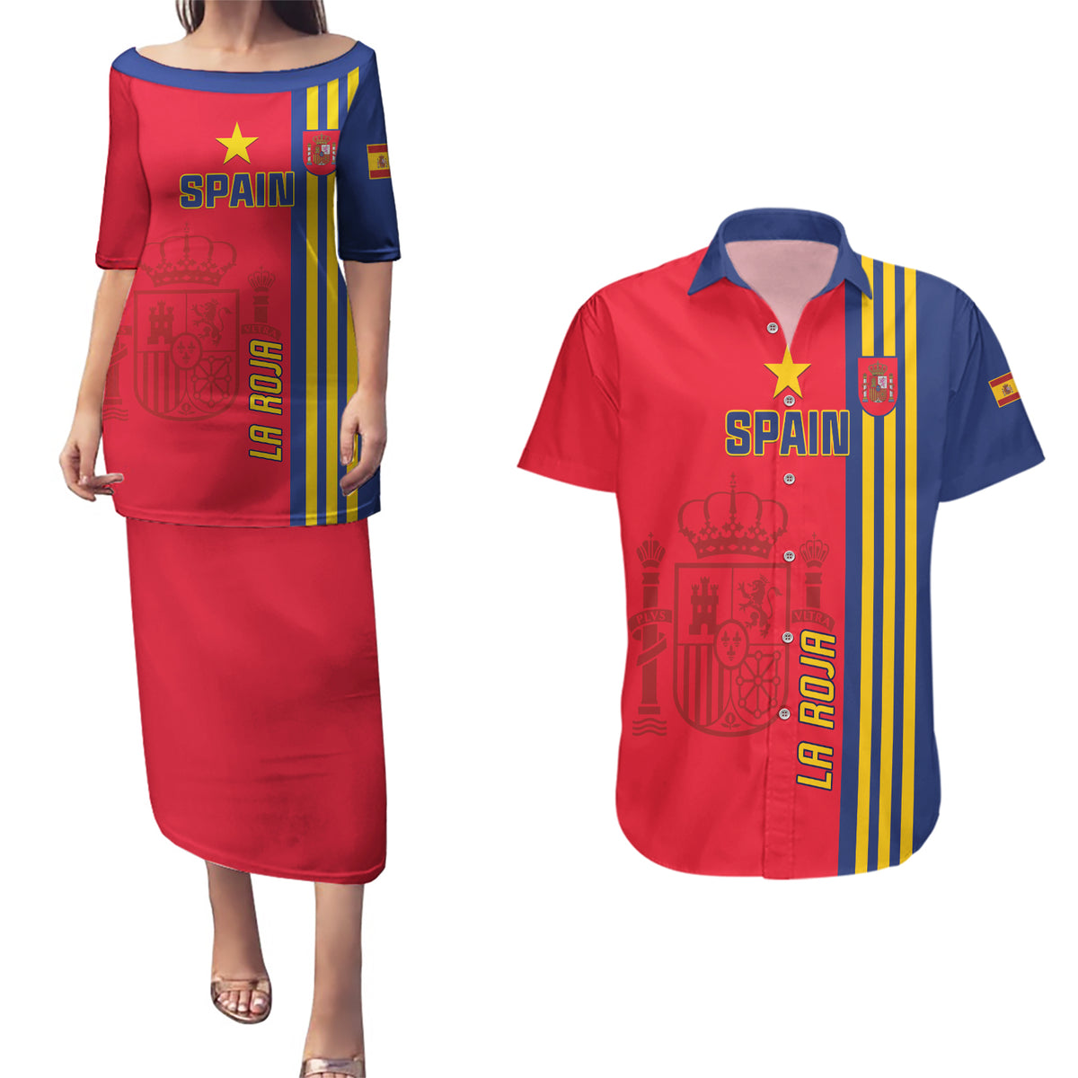 Custom Spain 2024 Football Couples Matching Puletasi and Hawaiian Shirt La Roja Go Champions - Wonder Print Shop