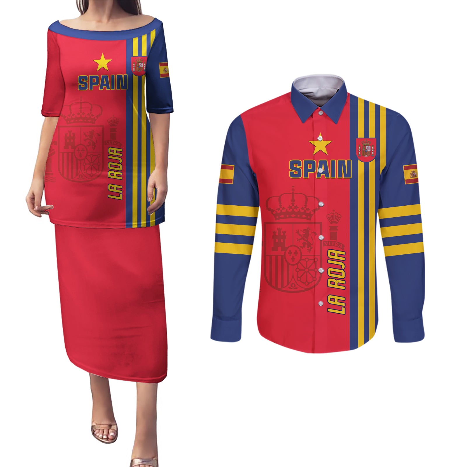 Custom Spain 2024 Football Couples Matching Puletasi and Long Sleeve Button Shirt La Roja Go Champions - Wonder Print Shop