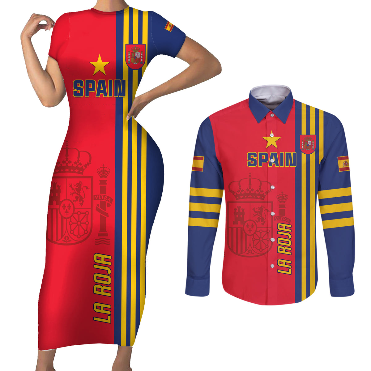 Custom Spain 2024 Football Couples Matching Short Sleeve Bodycon Dress and Long Sleeve Button Shirt La Roja Go Champions - Wonder Print Shop