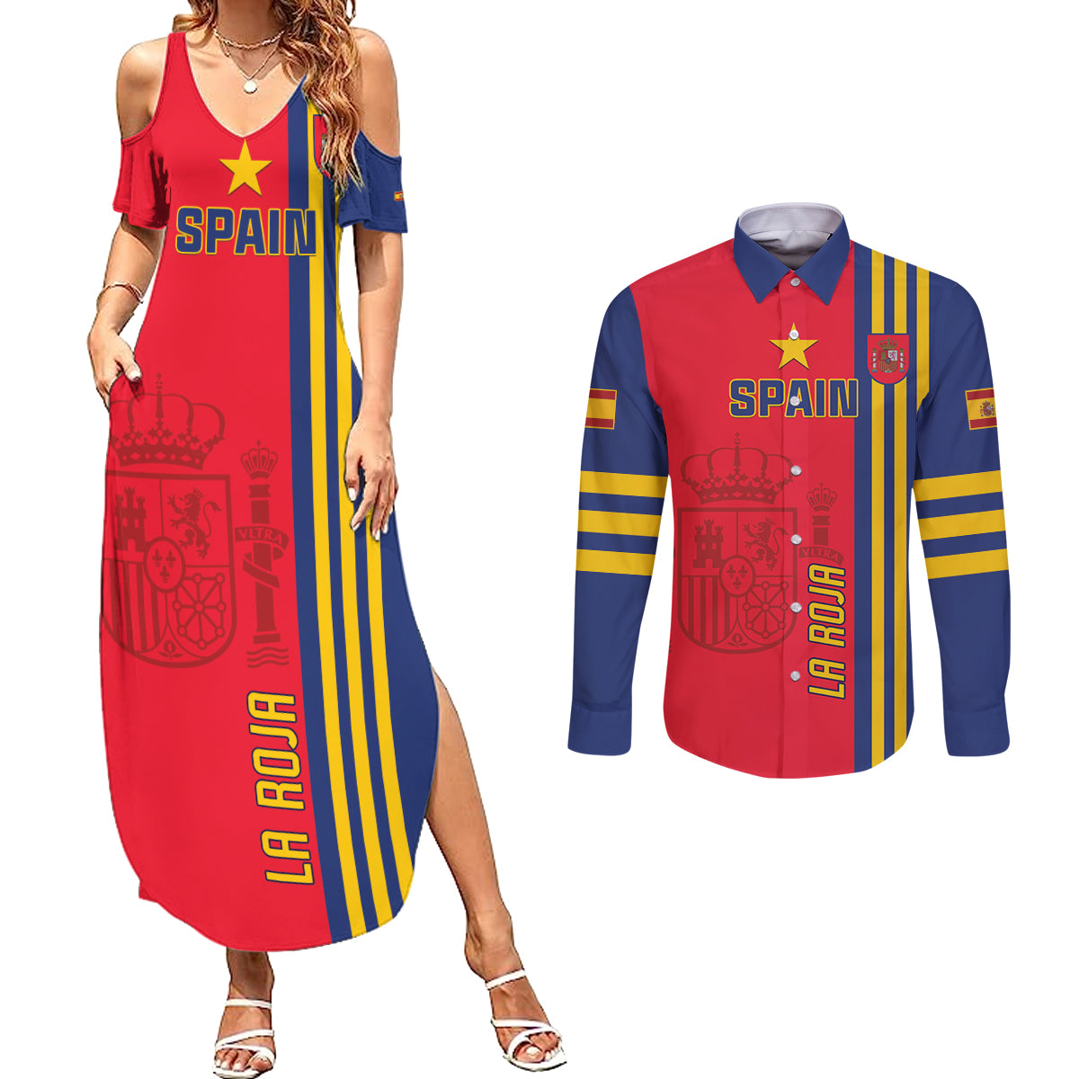 Custom Spain 2024 Football Couples Matching Summer Maxi Dress and Long Sleeve Button Shirt La Roja Go Champions - Wonder Print Shop