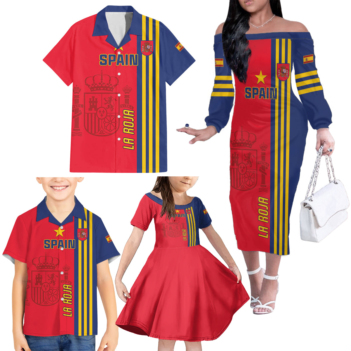 Custom Spain 2024 Football Family Matching Off The Shoulder Long Sleeve Dress and Hawaiian Shirt La Roja Go Champions - Wonder Print Shop