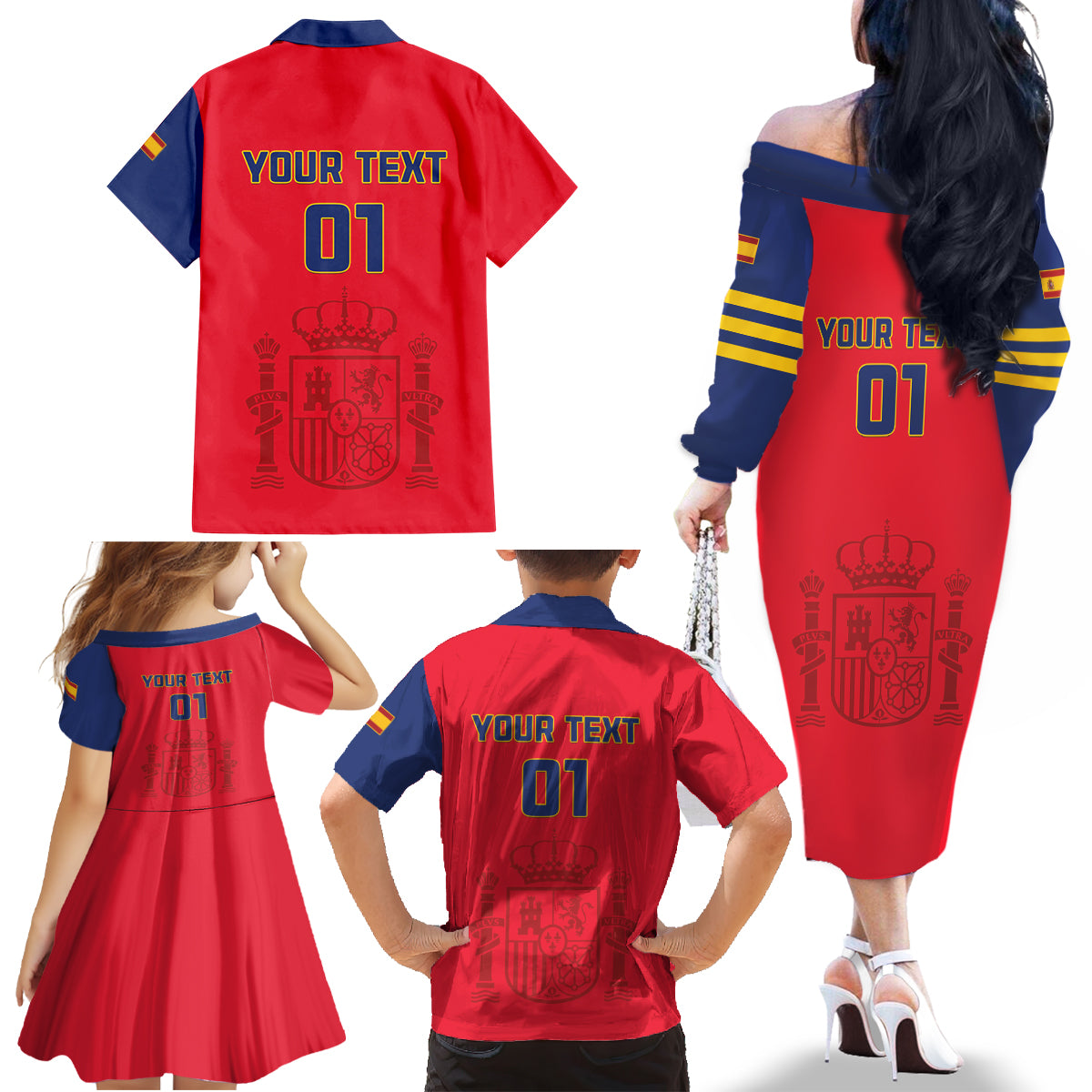 Custom Spain 2024 Football Family Matching Off The Shoulder Long Sleeve Dress and Hawaiian Shirt La Roja Go Champions - Wonder Print Shop