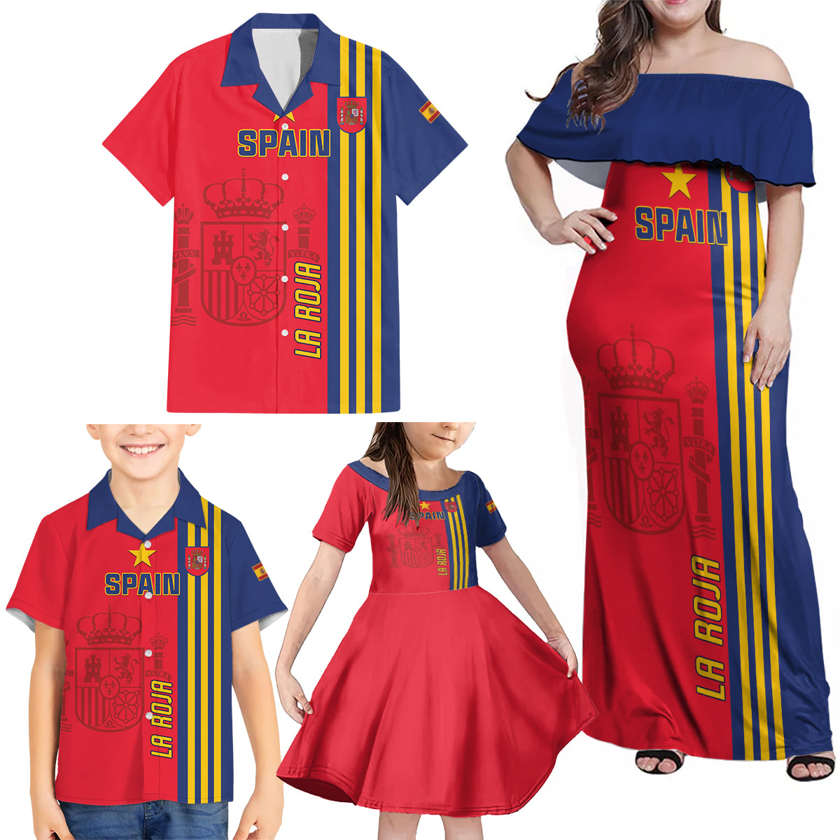 Custom Spain 2024 Football Family Matching Off Shoulder Maxi Dress and Hawaiian Shirt La Roja Go Champions - Wonder Print Shop