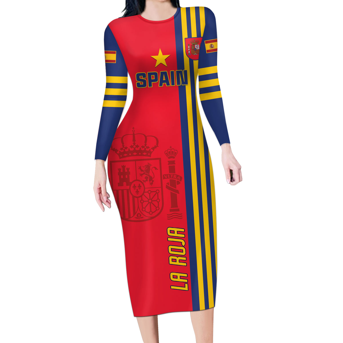Custom Spain 2024 Football Long Sleeve Bodycon Dress La Roja Go Champions - Wonder Print Shop