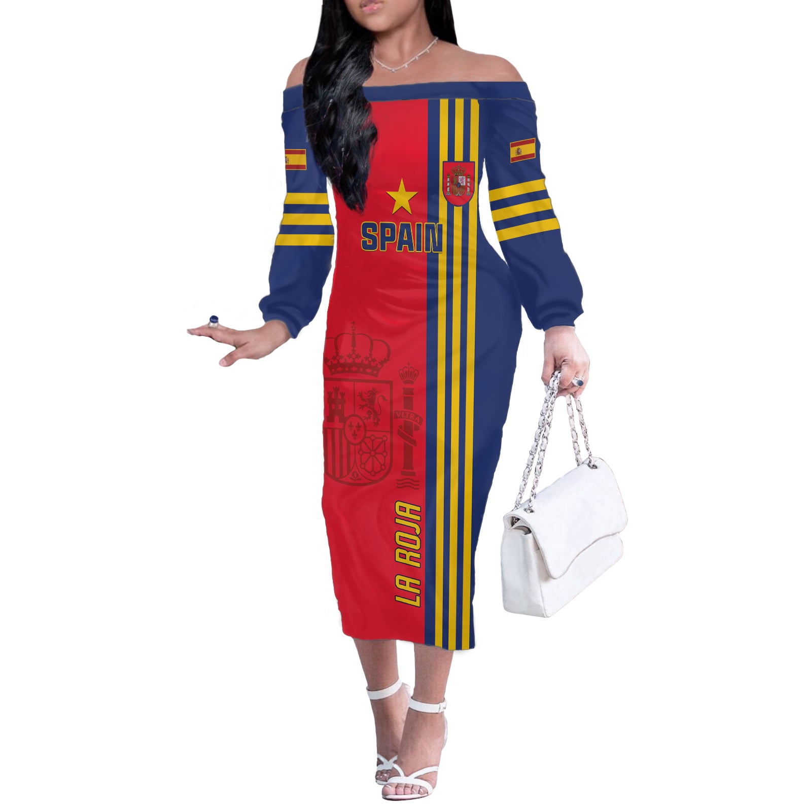 Custom Spain 2024 Football Off The Shoulder Long Sleeve Dress La Roja Go Champions - Wonder Print Shop