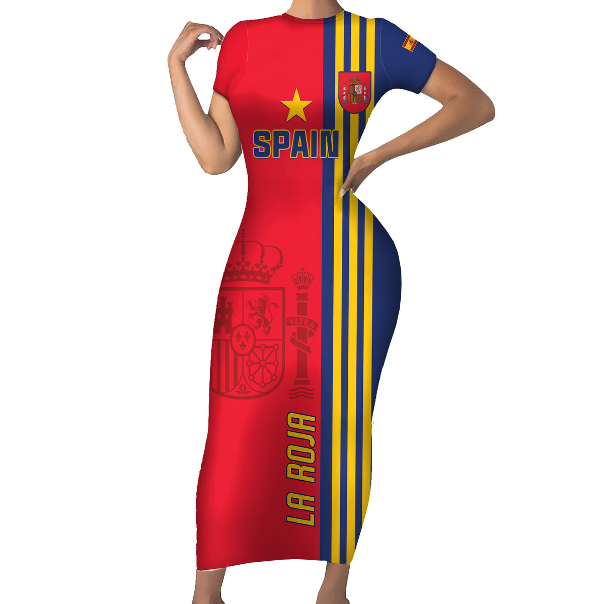 Custom Spain 2024 Football Short Sleeve Bodycon Dress La Roja Go Champions - Wonder Print Shop