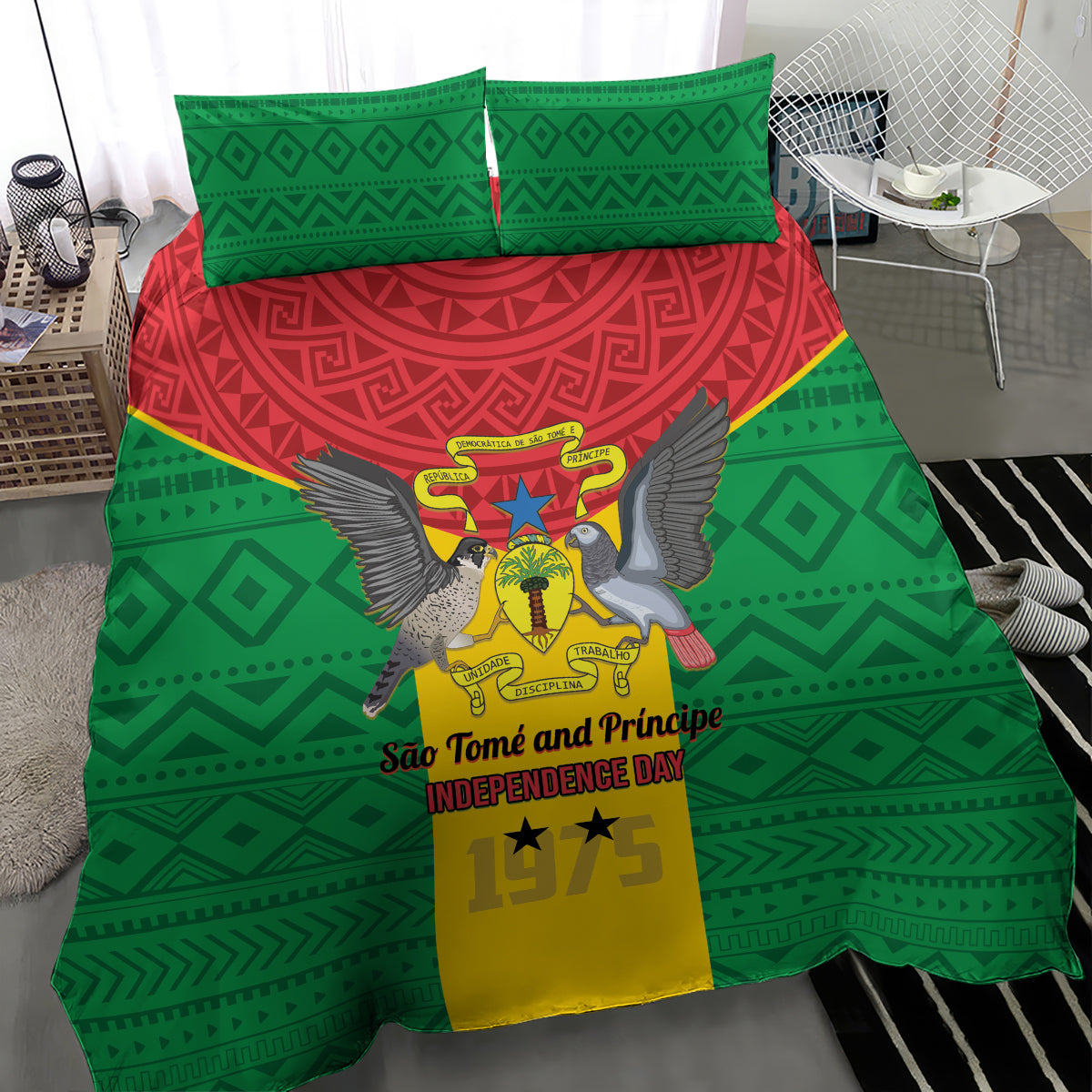 Sao Tome and Principe Independence Day Bedding Set Coat Of Arms Mix African Pattern - Wonder Print Shop