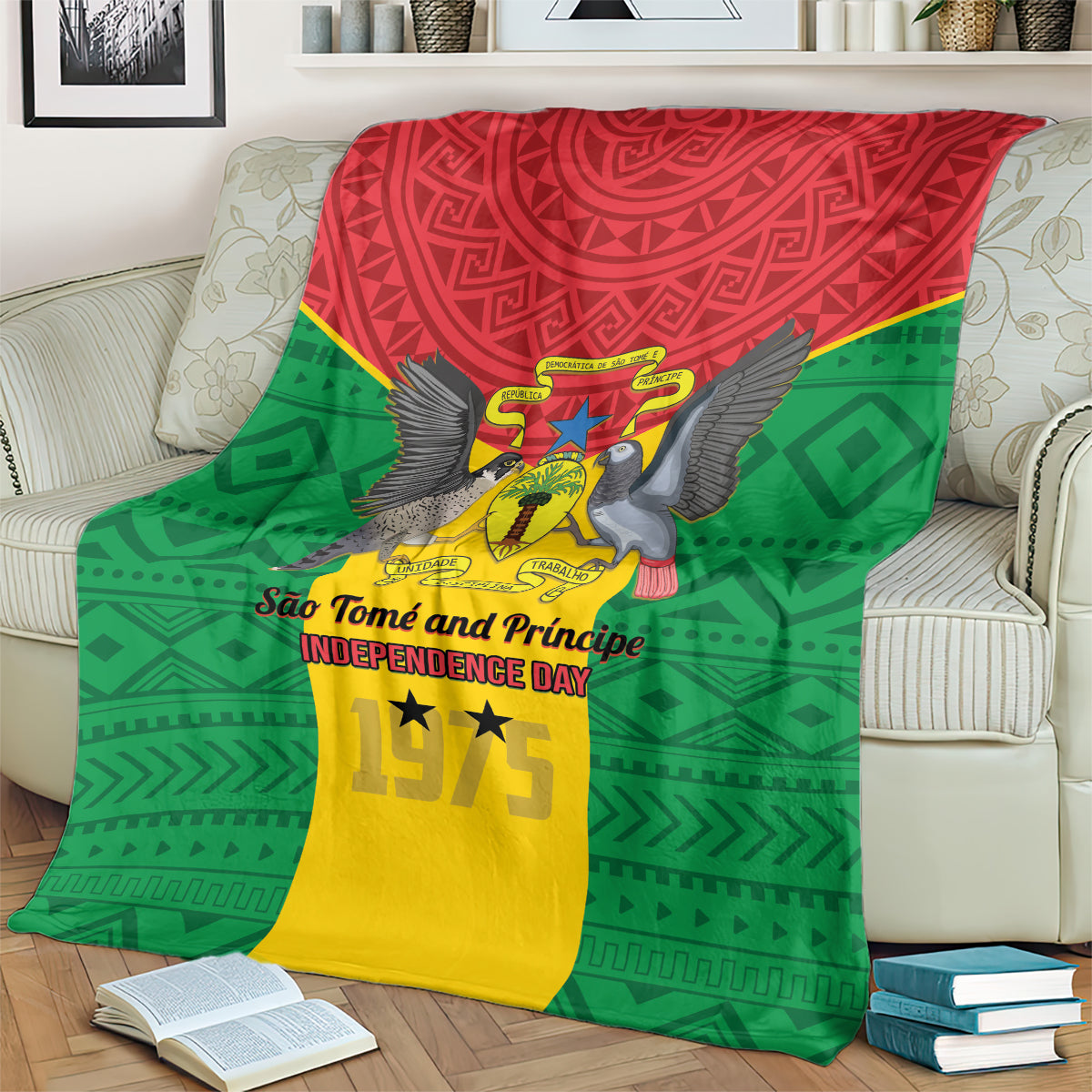 Sao Tome and Principe Independence Day Blanket Coat Of Arms Mix African Pattern