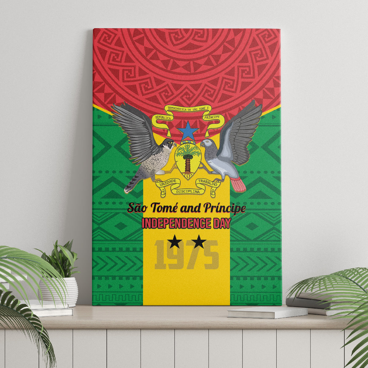Sao Tome and Principe Independence Day Canvas Wall Art Coat Of Arms Mix African Pattern - Wonder Print Shop