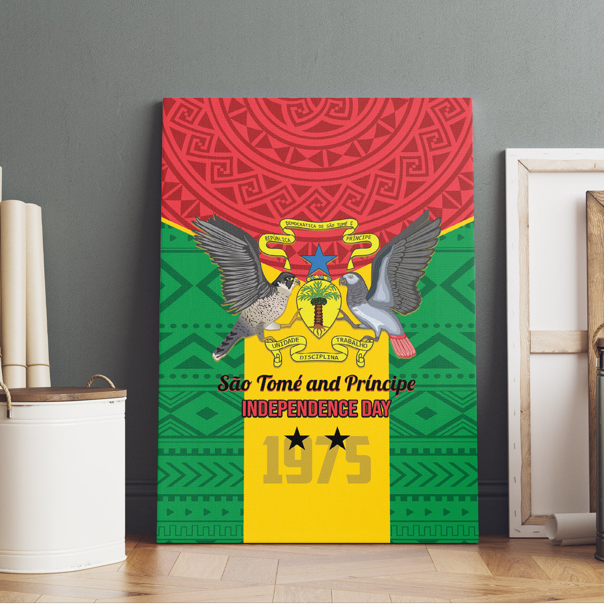 Sao Tome and Principe Independence Day Canvas Wall Art Coat Of Arms Mix African Pattern - Wonder Print Shop