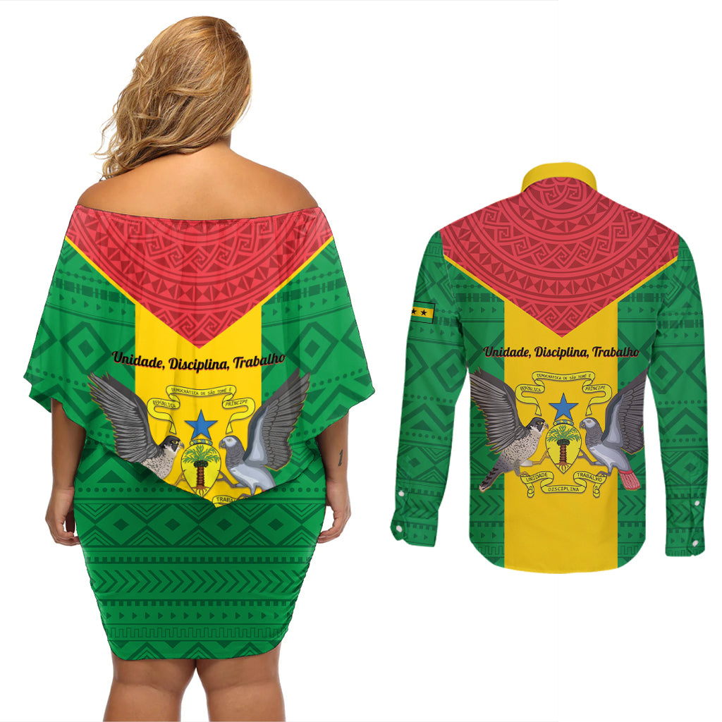 Sao Tome and Principe Independence Day Couples Matching Off Shoulder Short Dress and Long Sleeve Button Shirt Coat Of Arms Mix African Pattern - Wonder Print Shop